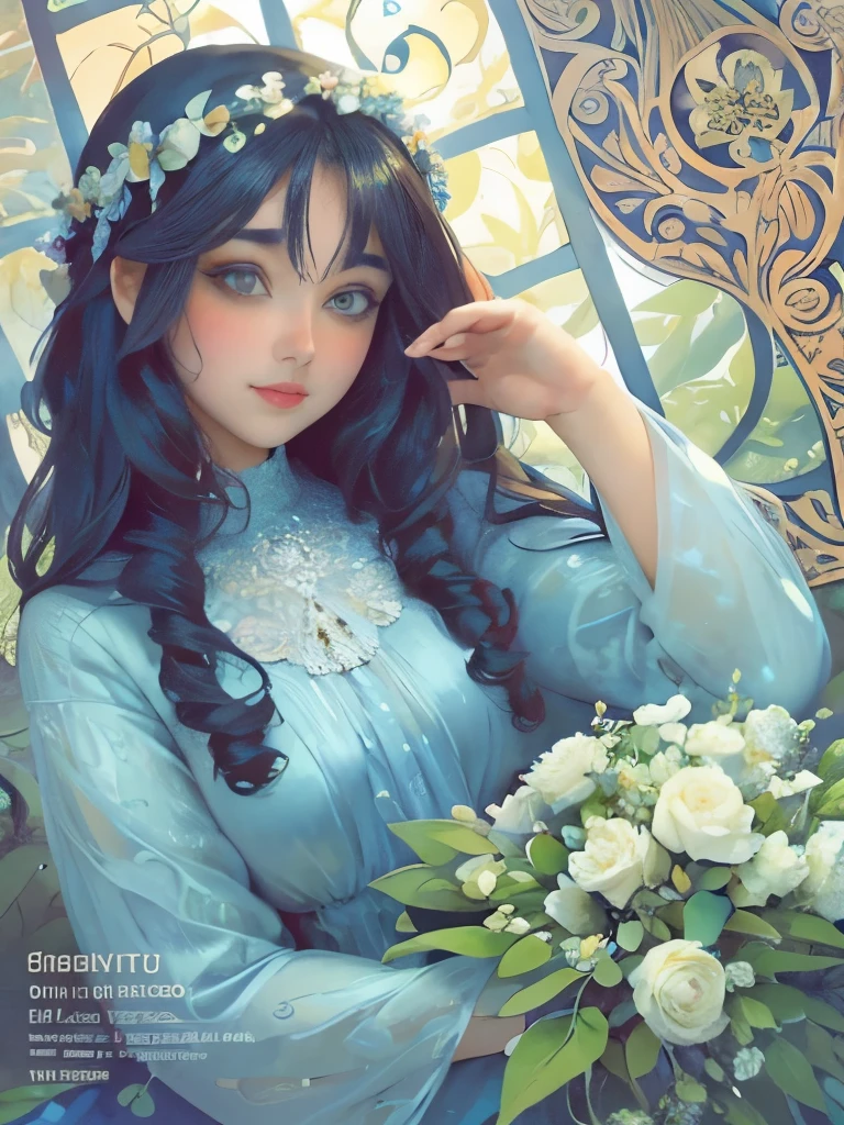 An ultrafine detailed watercolor painting of a gorgeous woman with flowers in her hair, in the style of Alphonse Maria Mucha and Gustav Kilmt, art nouveau accents, fairy princess, anthropomorphic female, female figure, detailed cover artwork, as the goddess of the flowers, Alphonse Mucha, Gustav Klimt, pale bluish skin, a marble sculpture, cgsociety, gothic art, art nouveau, behance contest winner