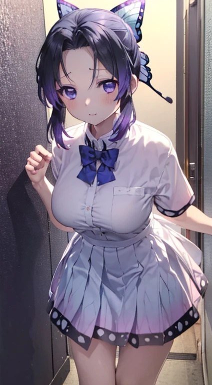 ((nsfw)), ((((最高の笑face)))), ((Open your mouth)), White panties, kochou shinobu, (((笑face,Sweat))), Peek into, ((high , White shirt, Short sleeve, skirt, uniform, Bag)), (((On the way home, Soft cream))), ((evening)), ((Side angle, Top view)), , (((summer))) , whole body, boost mood, Ultra-realistic 8K CG,masterpiece,, ((Highly detailed background,Delicate pattern,Intricate details, Fine and beautiful eyes)),The best quality in the best condition,とてもとてもとても詳細なface, Highly detailed eyesとface,Highly detailed eyes,kochou shinobu,Multicolored Hair,No bangs,Hair Intake,, Purple eyes,,butterfly,band,(熱band庭園:1.2),Purple Flower,mostly cloudy null,Tyndall effect,slope_null,face,beautiful null,,Seductive posture,(Medium chest:1.3), woman,15 years old