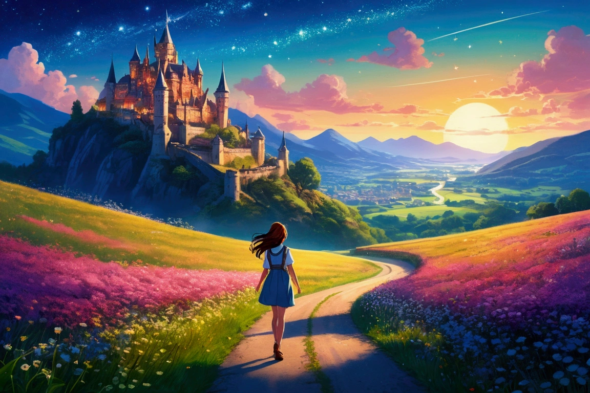 Illustration in anime style, Tranquil landscape meadow with young woman walking on the road, small shining flowers, firefly, magical lights, Overlooking the mountainous valley and the kingdom's great castle, stron clear blue sky, a few stars. Art style: Intense, rich colors are vivid. Rendered in intense, exaggerated colors that emphasize natural beauty, An atmosphere filled with magical color films, high detail, best quality, 4K.