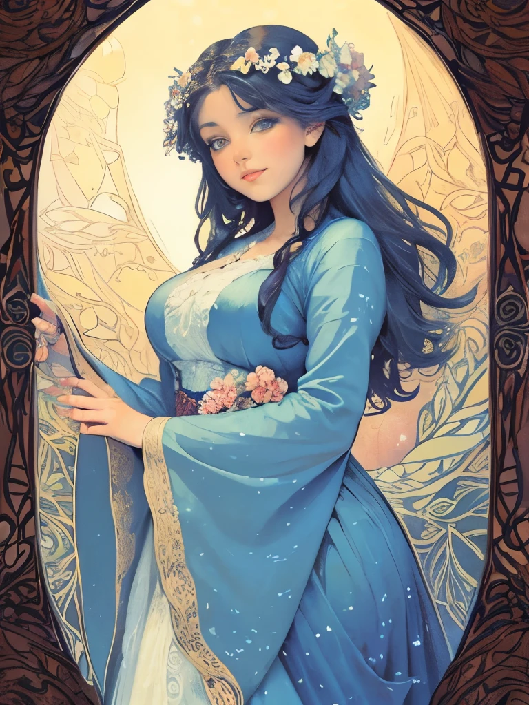 An ultrafine detailed watercolor painting of a gorgeous woman with flowers in her hair, in the style of Alphonse Maria Mucha and Gustav Kilmt, art nouveau accents, fairy princess, anthropomorphic female, female figure, detailed cover artwork, as the goddess of the flowers, Alphonse Mucha, Gustav Klimt, pale bluish skin, a marble sculpture, cgsociety, gothic art, art nouveau, behance contest winner