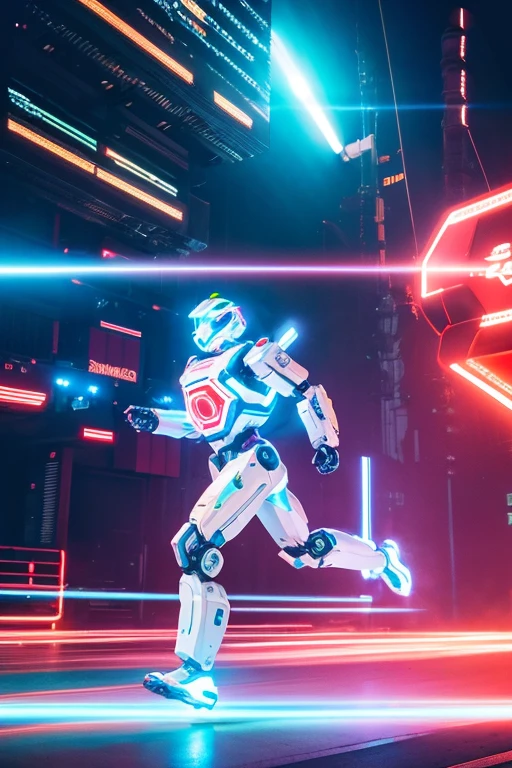 Giant humanoid robot running。
White body color。
Booster pack on the back。
Atmosphere。
Lens flare。
Streaks。
Neon Signs。
typography。
Artificial satellites fly。
Bloom, Dithering, scan lines, Anaglyph, Cinematic light effects, Godley, reflected light,