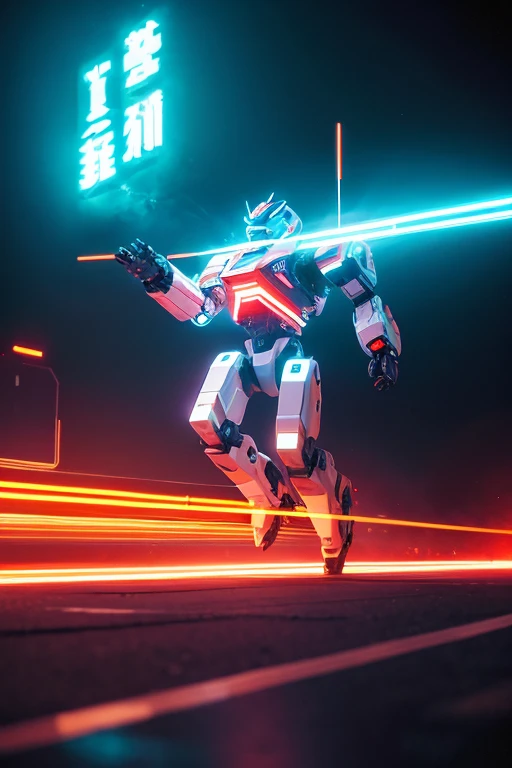 Giant humanoid robot running。
White body color。
Booster pack on the back。
Atmosphere。
Lens flare。
Streaks。
Neon Signs。
typography。
Artificial satellites fly。
Bloom, Dithering, scan lines, Anaglyph, Cinematic light effects, Godley, reflected light,