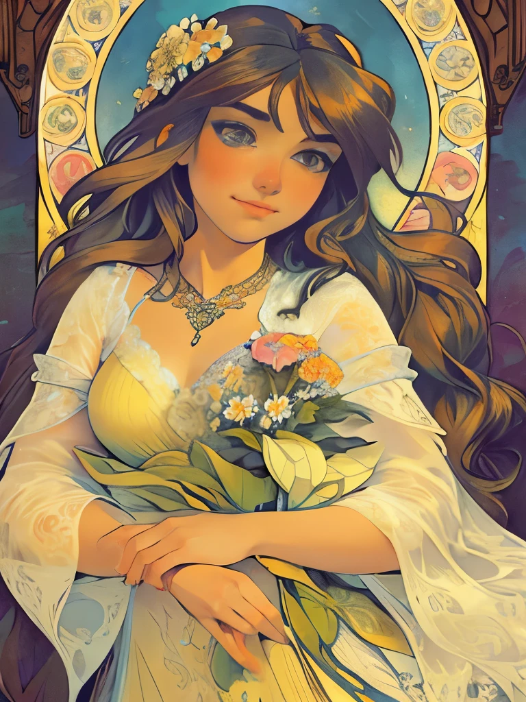 An ultrafine detailed watercolor painting of a gorgeous woman with flowers in her hair, in the style of Alphonse Maria Mucha and Gustav Kilmt, art nouveau accents, fairy princess, anthropomorphic female, female figure, detailed cover artwork, as the goddess of the flowers, Alphonse Mucha, Gustav Klimt, pale bluish skin, a marble sculpture, cgsociety, gothic art, art nouveau, behance contest winner