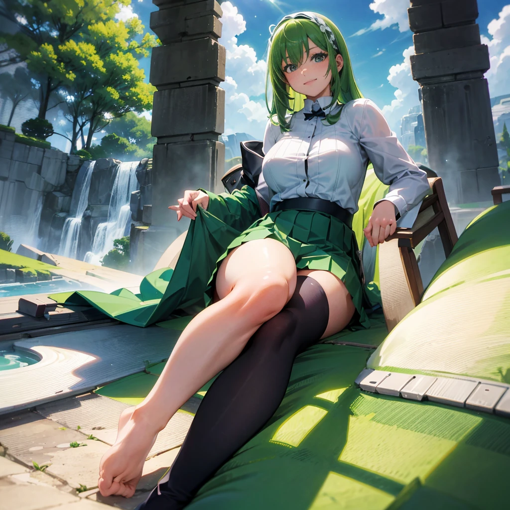A woman sits in a chair,Feet up, Green hair, Skirt, shirt, White socks, Towering over the landscape, angle of view, looking down at you, Fake smile,Close-up of the soles of the feet