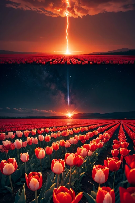 A tulip end of the world,Capture stunning details with a macro lens,Nuclear explosion. Red sky. Field in the middle of the end of the world. This is visually synonymous with disaster,people are scared and sad,Surrounded by a red fiery sky,Gives a feeling of aw, The ground is covered in tulip flowers. This image was created using a digital simulation of a soft brush,Completed in unison in a fascinating and mysterious sci-fi setting,A perfect blend of natural beauty and surreal aspects
