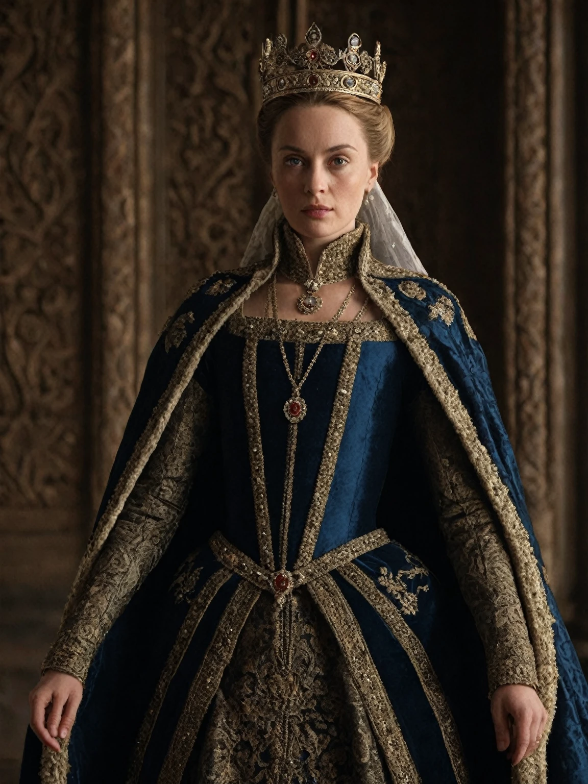 15th century British duke woman,30-year-old,cape,crown,throne room,sinister expression,cinematic still,hyperdetailed photography,best quality,masterpiece,realistic,best quality,Highly detailed,front view,