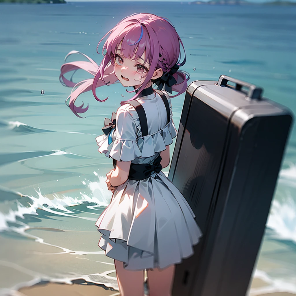 at the seaside,There is a train behind,Leave with your back to the camera,with tears,with tearsSmile,cry