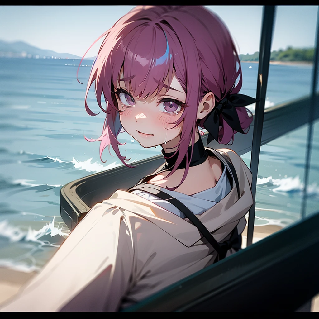 at the seaside,There is a train behind,Leave with your back to the camera,with tears,with tearsSmile,cry