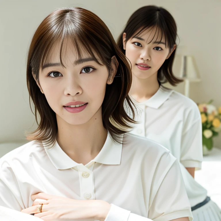 (Masterpiece, Best quality: 1.4), (Ultra realistic, Photo-realistic: 1.2), kneeling, Spread legs, Looking at viewer, Natural light, 30 years old actress, Japanese women, Neat and clean, ((Wearing white tennis uniform, White short-sleeve polo shirt with collar, Not buttoning the polo shirt, White pleated skirt: 1.2)), (Short wavy hair: 1.2), Light brown hair color, (Beautiful Face), Oval face, clear, (Beautiful eyes, Kind eyes), (Clear skin), Small face, (Small mouth, Beautiful mouth), Natural makeup, (Wearing white socks: 1.1), Approachable, Hotel Suite room,On bed, Seductive smile, Seductive pose, Beautiful thighs, Bedroom eyes, Embarrassed, blush