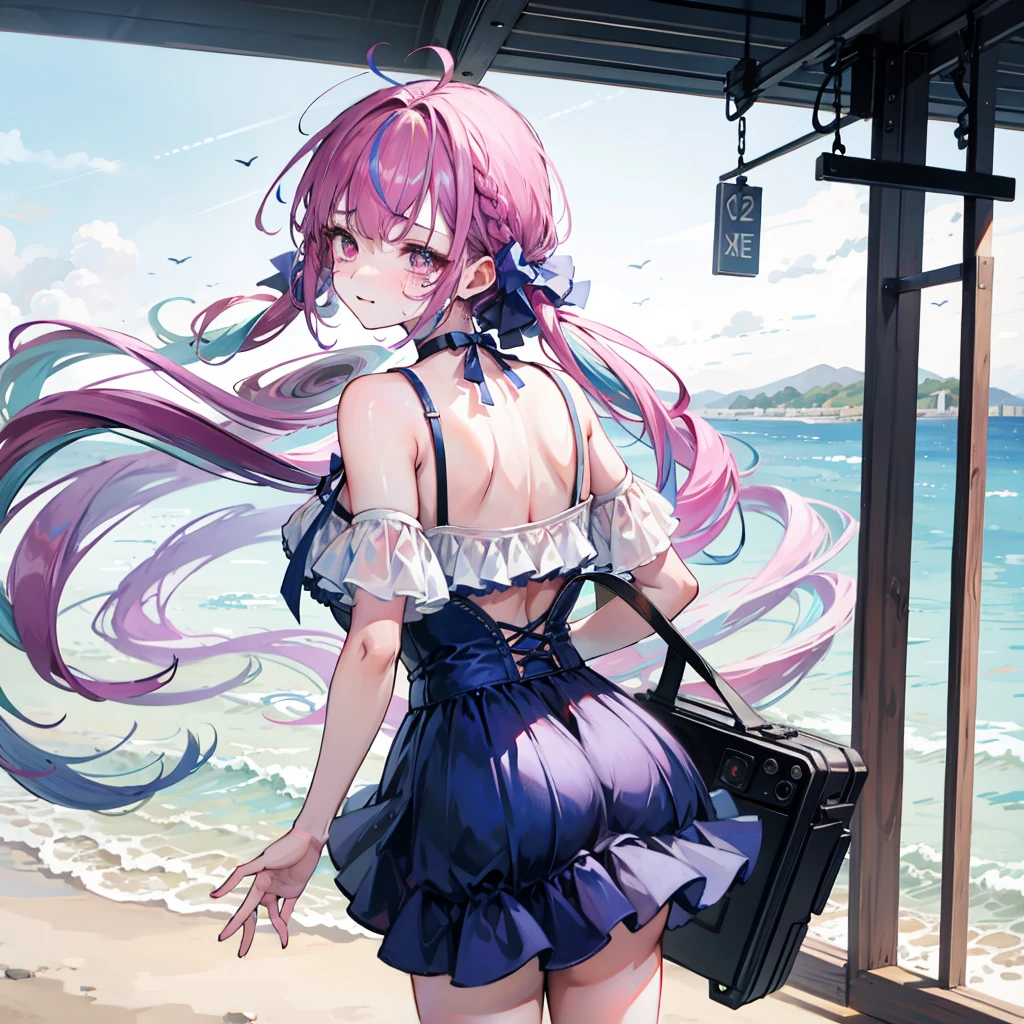 at the seaside,There is a train behind,Leave with your back to the camera,with tears,with tearsSmile,cry
