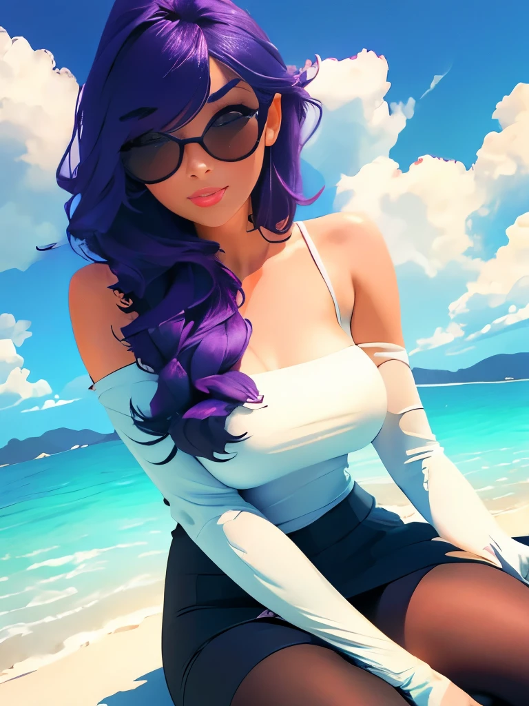 masterpiece, best quality,kfk, 1girl, bangs, bare_shoulders, skirt, breasts, gloves, jewelry, large_breasts, long_hair, long_sleeves, pantyhose, purple_eyes, purple_hair, shirt, solo,viewer,sunglasses,bikini, (sun, cloud,renaissance city around water,outdoors :1.1),rendered in blender((isometric)),