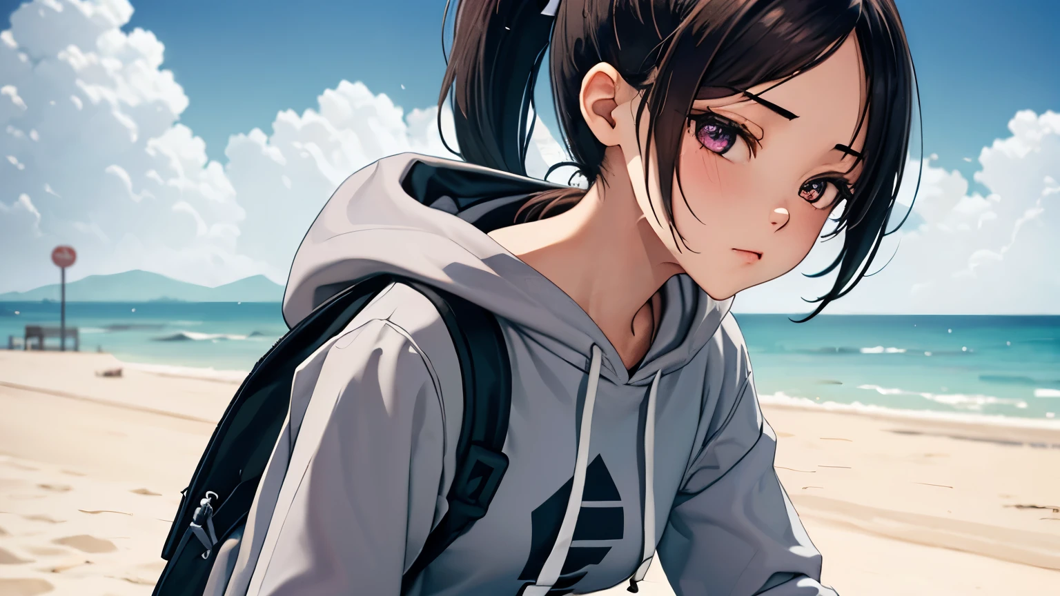 (Girl walking on the beach, brunette, medium hair, ponytail, gray hoodie, black backpack, purple basketball shoes), (Upper body), (Summer sky, cumulonimbus cloud, seaside road, daytime, bus stop)