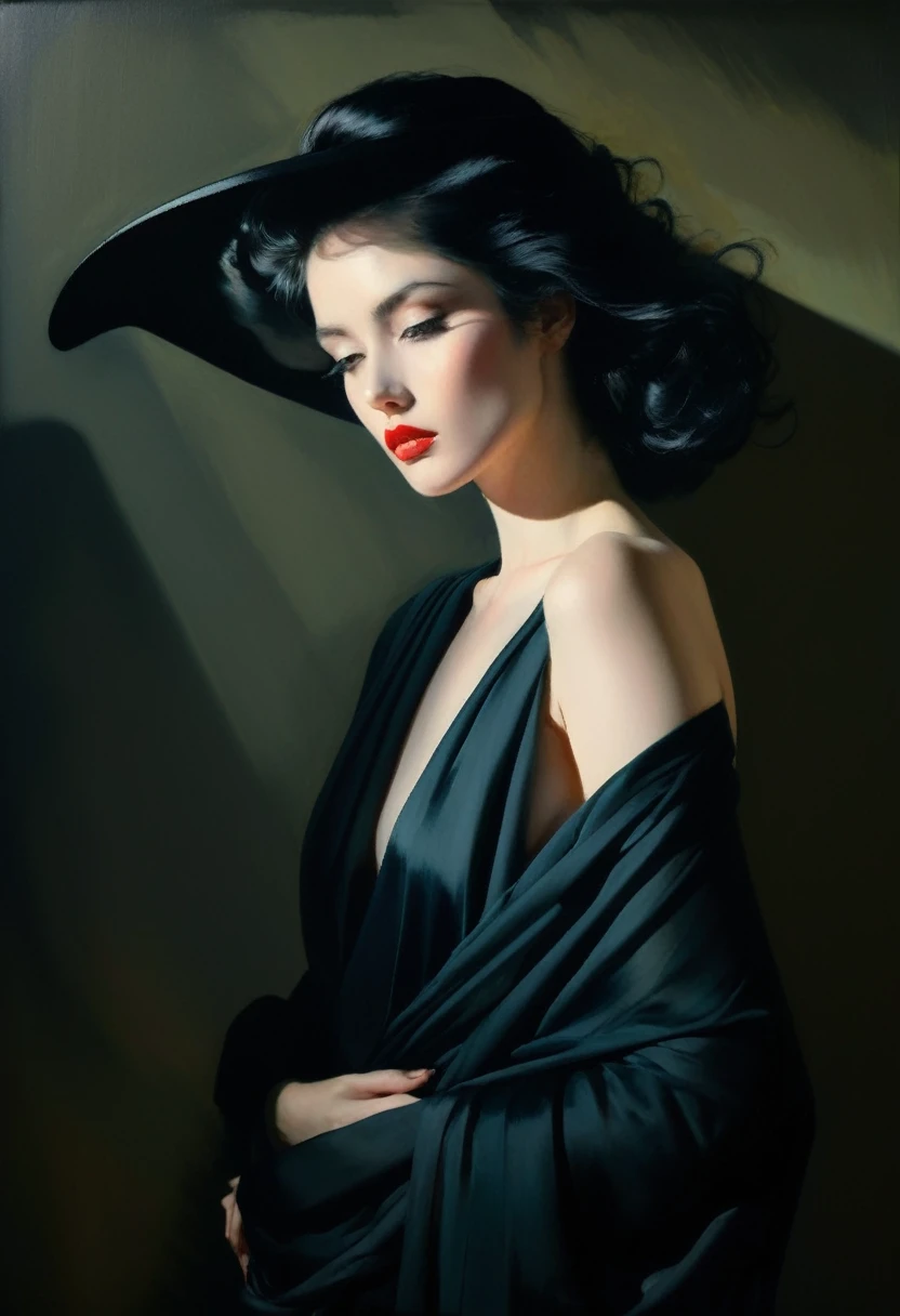 chiaroscuro technique on sensual illustration of an elegant 1980s woman, vintage beauty, eerie, the model draped in flowing, thick oil painting, by Hannah Dale, by Harumi Hironaka, extremely soft colors, vibrant, highly detailed, malcolm liepke painting, oil on canvas, high contrast, dramatic, refined, tonal, Create high contrast between light and shadow