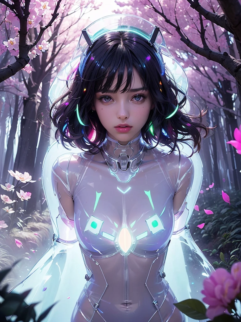 Unbeatable tmasterpiece, ultra real photo , Perfect artwork , Complicated details , Best quality , strong lights , hight contrast , dynamicposes , holland angle , (bblurry, depth of fields, bblurryforeground:1.35) ,1girl , solo , walking , dutch angle , serious , v-shapedeyebrows , mecha , mecha musume ,mechanical parts , mechanical limbs ,mechanical joints , mechanical spine ,headgear , black hair , wavy hair , long hair ,(blunt bangs) , floating hair , purple eyes ,white pupils,( lens flare glow:1.25), (Glowing ambiance, enchanting radiance, luminous lighting, ethereal atmosphere, mesmerizing glow, evocative hues, captivating coloration, dramatic lighting, enchanting aura:1.7),(mechanical_background:1.5),(((mecha tiara))), (transparent PVC luminous bodysuit:1.8), glow, pale skin, colorful neon, long exposure, motion blur, (Glowing ambiance, enchanting radiance, luminous lighting, ethereal atmosphere, mesmerizing glow,colorful aurora , (colorful flower ,Colorful petals , Colored Forest:1.5) ,