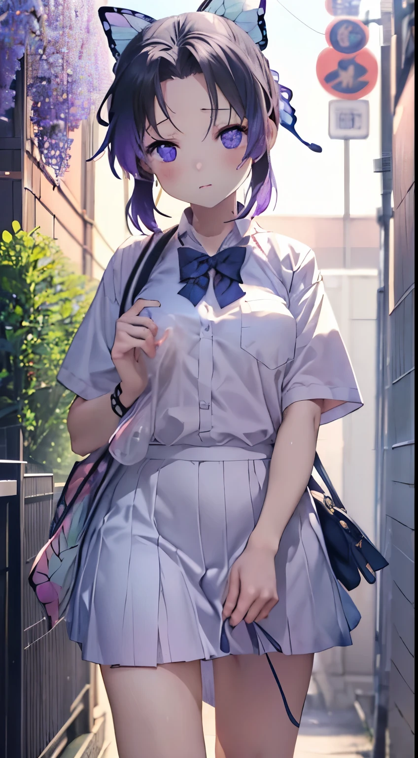 ((nsfw)), ((((最高の笑face)))), ((Open your mouth)), White panties, kochou shinobu, (((笑face,Sweat))), Peek into, ((high school student, White shirt, Short sleeve, skirt, uniform, Bag)), (((On the way home, Soft cream))), ((evening)), ((Side angle, Top view)), , (((summer))) , whole body, boost mood, Ultra-realistic 8K CG,masterpiece,, ((Highly detailed background,Delicate pattern,Intricate details, Fine and beautiful eyes)),The best quality in the best condition,とてもとてもとても詳細なface, Highly detailed eyesとface,Highly detailed eyes,kochou shinobu,Multicolored Hair,No bangs,Hair Intake,, Purple eyes,,butterfly,band,(熱band庭園:1.2),Purple Flower,mostly cloudy null,Tyndall effect,slope_null,face,beautiful null,,Seductive posture,(Medium chest:1.3), woman,