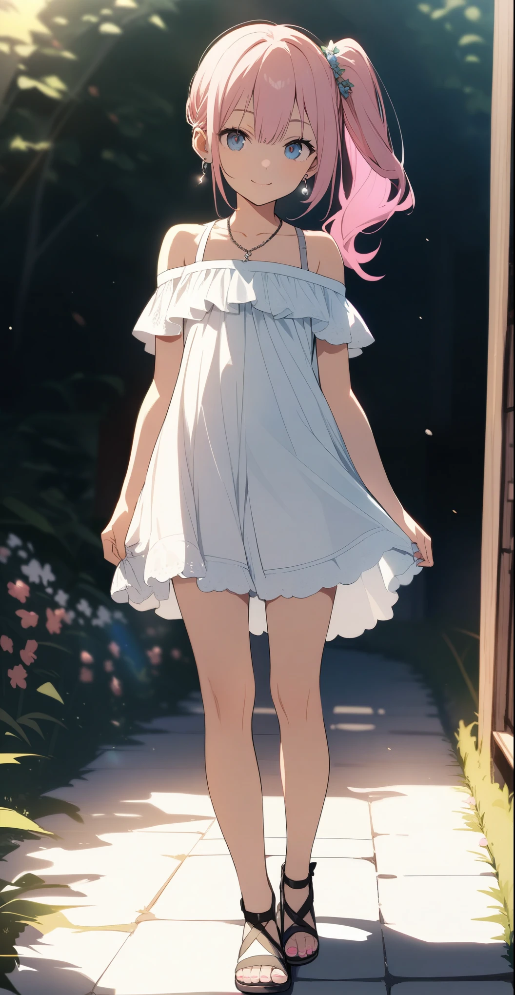 Very cute girl, (((She has some silver earrings in her ears.. necklace、Off-the-shoulder short shirt、Chopin、Sandals with thick soles)))、(Light pink hair color、Dark pink inner color hairstyle、Side ponytail hairstyle、Hair expressed with a delicate touch), Beautiful Hair, Facial Contour, Remember, sunlight, Lens flare、illumination、Natural Color, High resolution, Very delicate, Very detailed, 8k、garden、,smile、(Sexual)、Full body angle、View angle from below、Standing posture