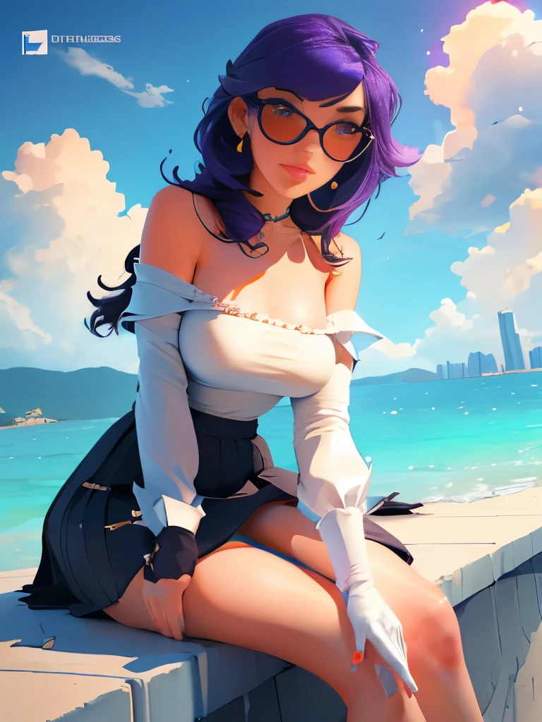 masterpiece, best quality,kfk, 1girl, bangs, bare_shoulders, skirt, breasts, gloves, jewelry, large_breasts, long_hair, long_sleeves, pantyhose, purple_eyes, purple_hair, shirt, solo,viewer,sunglasses,bikini, (sun, cloud,renaissance city around water,outdoors :1.1),rendered in blender((isometric)),