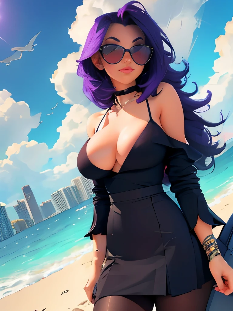 masterpiece, best quality,kfk, 1girl, bangs, bare_shoulders, skirt, breasts, gloves, jewelry, large_breasts, long_hair, long_sleeves, pantyhose, purple_eyes, purple_hair, shirt, solo,viewer,sunglasses,bikini, (sun, cloud,renaissance city around water,outdoors :1.1),rendered in blender((isometric)),
