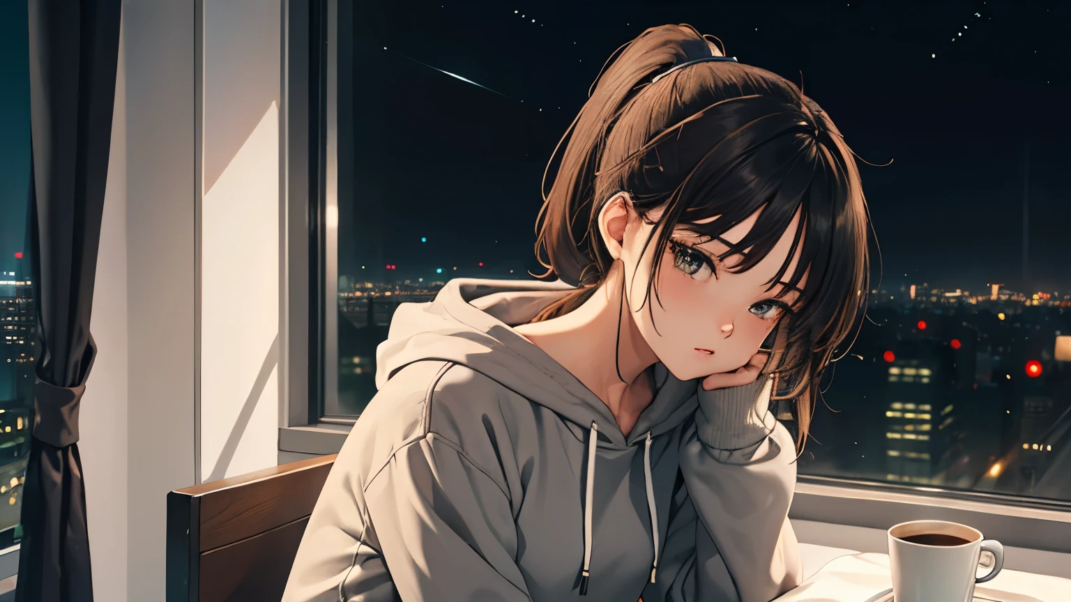 (Girl sitting on bed, brunette, medium hair, ponytail, grey hoodie, ), (Upper body), (Coffee, side table, late night, beautiful skyscraper outside window, panoramic city view)