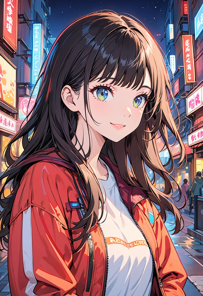 masterpiece, Highest quality, 1 girl, City Pop, night, Neon Light, Looking at something else, Upper Body, Vector illustration, Jacket, A light smile, Blunt bangs, Long Hair