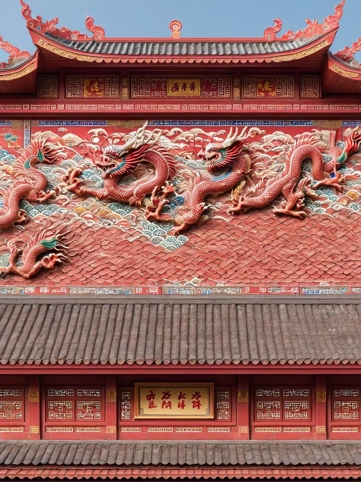 The Chinese-style red walls are joined by Chinese-style tiled roof walls.