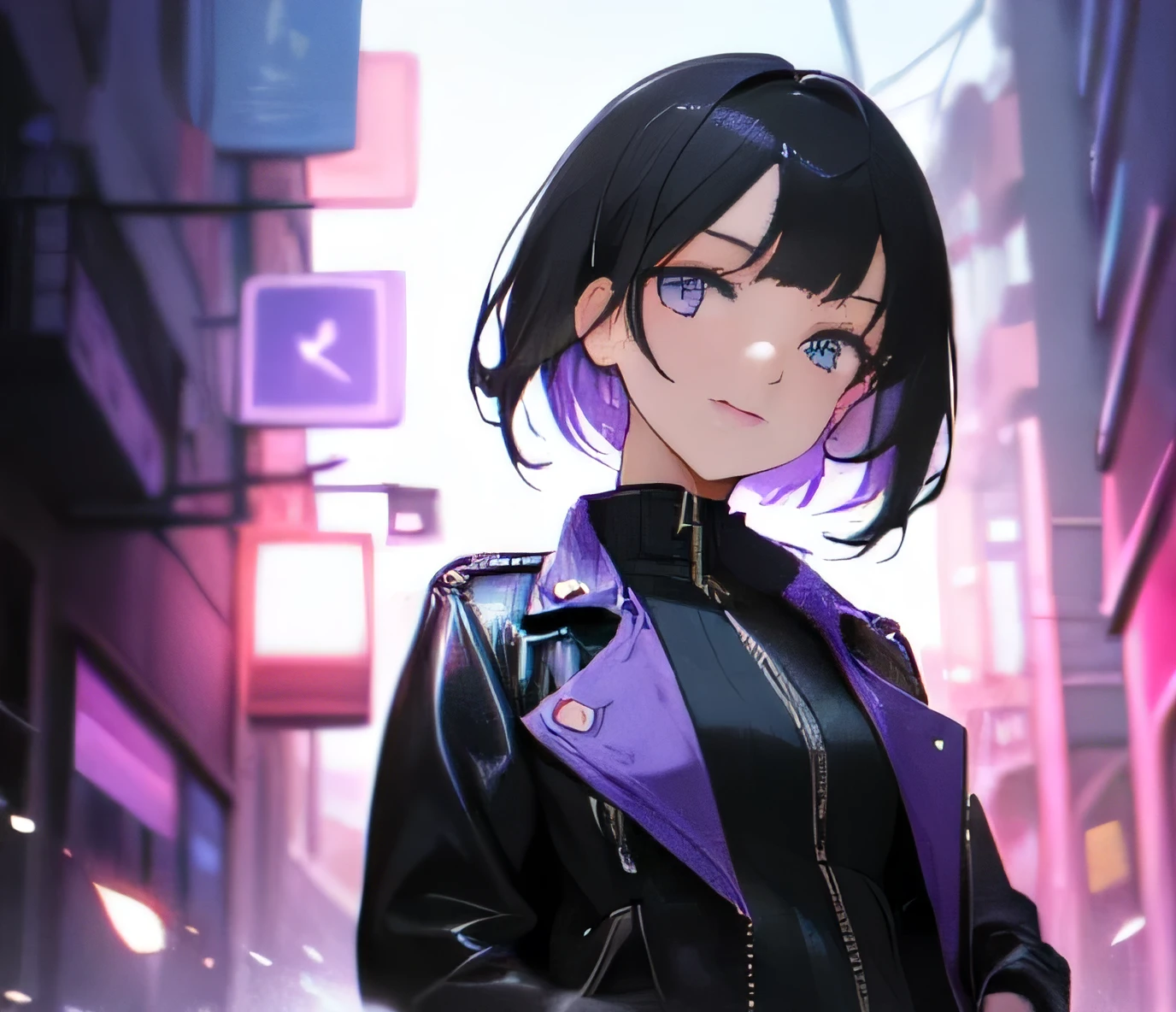 Create an anime-style image of an extremely beautiful young woman with short black hair, styled in a modern and edgy cut, with light bangs framing her face. Her eyes are a striking purple, large and expressive, capturing attention. She is wearing a stylish, fitted black leather jacket with silver zippers and metallic details. The young woman is in a confident and relaxed pose, with a slight tilt of her body to the left, her hands in the pockets of the jacket. The background is an urban street at night, illuminated by neon lights in blue and purple hues, reflecting in the puddles on the ground and creating a vibrant contrast with the dark jacket. The soft lighting highlights her delicate features and the details of the jacket, while a gentle breeze slightly moves some strands of her hair, adding dynamism to the scene. Her facial expression is serene and self-assured, with a slight smile on her lips. The composition of the image is balanced, with the young woman positioned slightly to the right of center, capturing the essence of a modern and stylish night in the city.(((Masterpiece))),(best quality),sharp focus