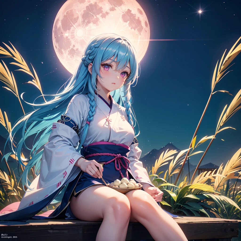 Sky blue hair, (Braiding), (Pink eyes),Fair skin) ,(whole body),(One Girl),(White sweet dumplings ),White round dumplings,Japanese pampas grass,(beautiful, Full moon shining in the night sky),(masterpiece, Highest quality, Very detailed, Best Shadow), (Detailed Background), (Beautifully detailed face), High Contrast, (Best lighting, Very delicate and beautiful), ((Cinematic Light)), colorful, Hyper Detail,8k, Dramatic Light, Intricate details,Sit down and eat dumplings