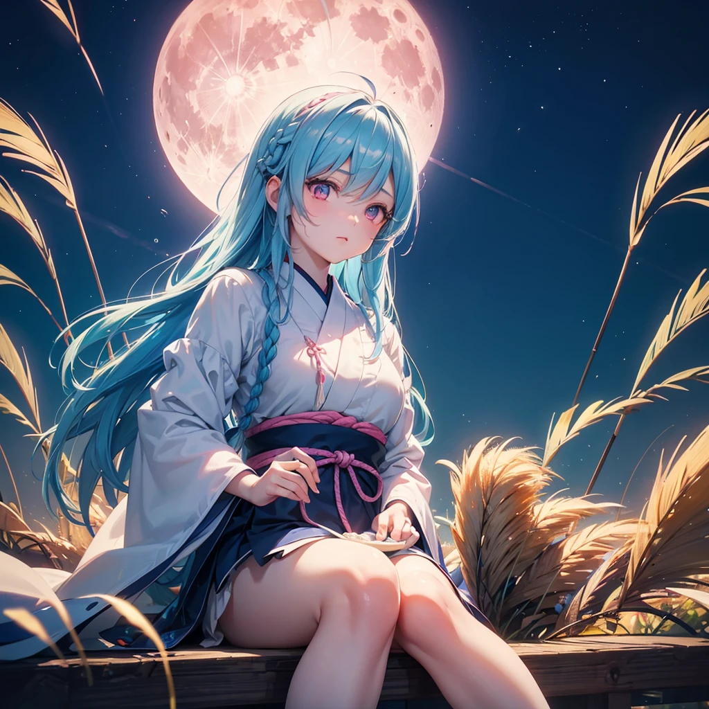 Sky blue hair, (1 braided hair), (Pink eyes),Fair skin) ,(whole body),(One Girl),(White sweet dumplings ),Japanese pampas grass,(beautiful, Full moon shining in the night sky),(masterpiece, Highest quality, Very detailed, Best Shadow), (Detailed Background), (Beautifully detailed face), High Contrast, (Best lighting, Very delicate and beautiful), ((Cinematic Light)), Hyper Detail,8k, Dramatic Light, Intricate details,Sit down and eat dumplings,