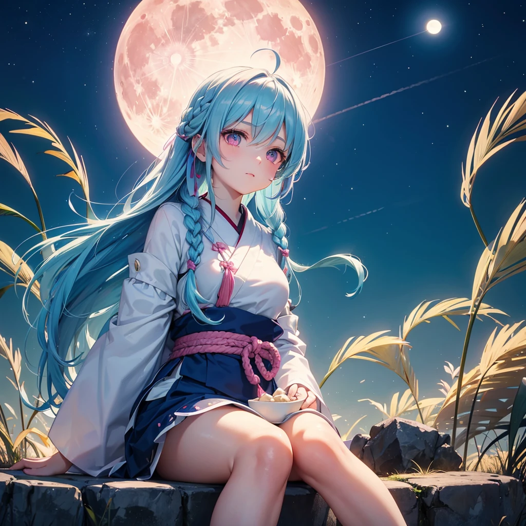 Sky blue hair, (Braiding), (Pink eyes),Fair skin)  ,(whole body),(One Girl),(White sweet dumplings ),White round dumplings,Japanese pampas grass,(beautiful, Full moon shining in the night sky),(masterpiece, Highest quality, Very detailed, Best Shadow), (Detailed Background), (Beautifully detailed face), High Contrast, (Best lighting, Very delicate and beautiful), ((Cinematic Light)), colorful, Hyper Detail,8k, Dramatic Light, Intricate details,Sit down and eat dumplings