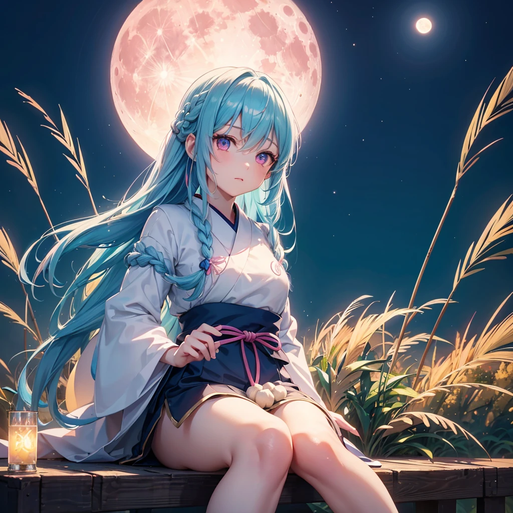 Sky blue hair, (Braiding), (Pink eyes),Fair skin) ,(whole body),(One Girl),(White sweet dumplings ),White round dumplings,Japanese pampas grass,(beautiful, Full moon shining in the night sky),(masterpiece, Highest quality, Very detailed, Best Shadow), (Detailed Background), (Beautifully detailed face), High Contrast, (Best lighting, Very delicate and beautiful), ((Cinematic Light)), colorful, Hyper Detail,8k, Dramatic Light, Intricate details,Sit down and eat dumplings