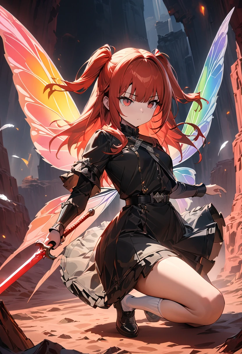 a 16 year old girl with long beautiful red hair and red eyes, Two side up hairstyles,Bushy bangs,expressionless like a doll, wearing a black military uniform with a black short skirt, white socks and black shoes, holding a medieval shaped red sword in one hand, beautiful white fantasy rainbow fairy wings growing from her back, fantastic light particles fly out of the white feathers, holographic effect on the feathers, cold look on her face as she fights many monsters on the ground against the backdrop of a hellish red sky, the ground is a desert-like landscape, posing dynamically swinging her sword, (masterpiece, best quality, 4k, 8k:1.5), best quality, ultra detail, fantastic, abstract, physically based rendering, ultra-fine painting