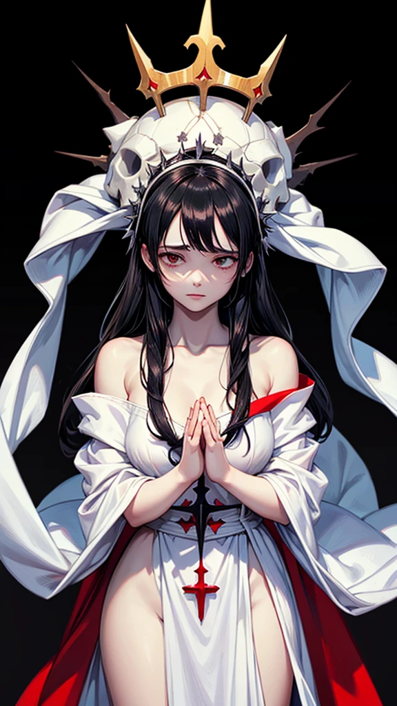 Highest quality, Intricate details, chromatic aberration, One girl, Long Hair, Black Hair, Messy Hair, Red highlights, Hair on one eye, Red eyes, Sharp eyes, choker,, , Armband, Put your arms behind your back, Arms tied,  