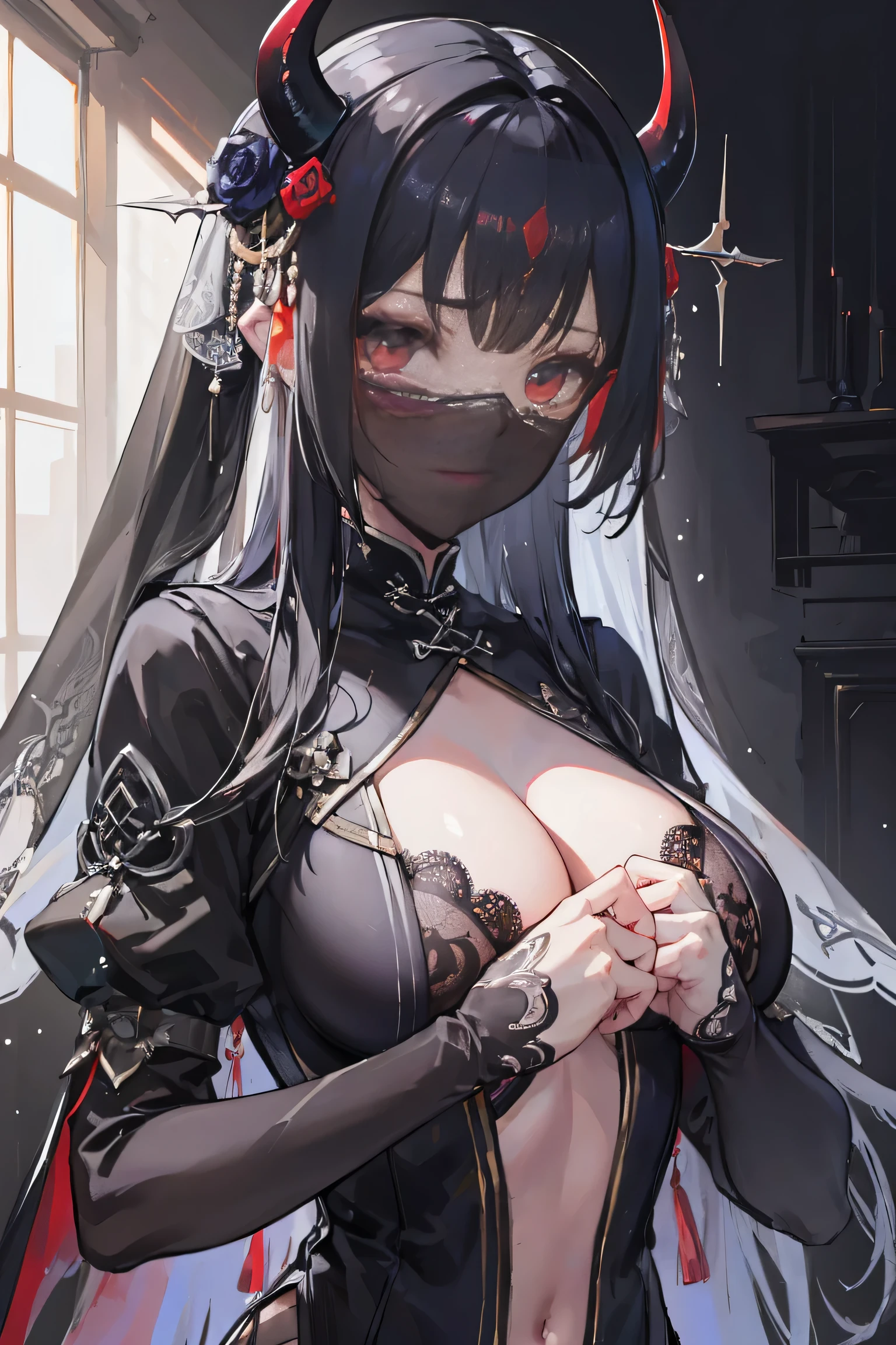 The demon girl in my head, Dark art, Bloody eyes , Dark eyes, hoarfrost metal lace, fantasy, Sunlight, rays of sunshine, intricately details. 8K, Dreamlike, surrealism, Symmetrical, Soft lighting, Intricate details, Highly detailed, illusory engine, aspect::4:3, Game CG,inspired by Li Mei-shu, mistic, (((mouth veil))), two toned hair, black hair with red highlights, demon horns