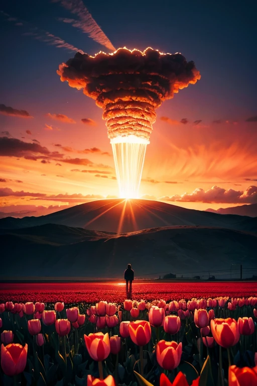 A tulip end of the world，Capture stunning details with a macro lens，Nuclear explosion. Red sky. Field in the middle of the end of the world. This is visually synonymous with disaster，people are scared and sad，​​Surrounded by a red fiery sky，Gives a feeling of aw, The ground is covered in tulip flowers. This image was created using a digital simulation of a soft brush，Completed in unison in a fascinating and mysterious sci-fi setting，A perfect blend of natural beauty and surreal aspects