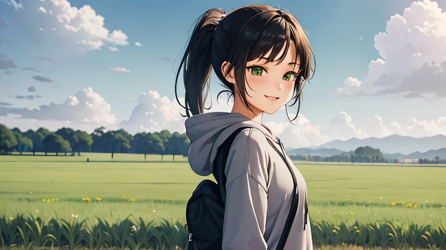(A girl standing in a green field as far as the eye can see, brunette, medium hair, ponytail, gray hoodie, long sleeves, miniskirt, black backpack, purple basketball shoes), (Upper body, smiling), (Summer sky, cumulonimbus clouds, afternoon, single road)