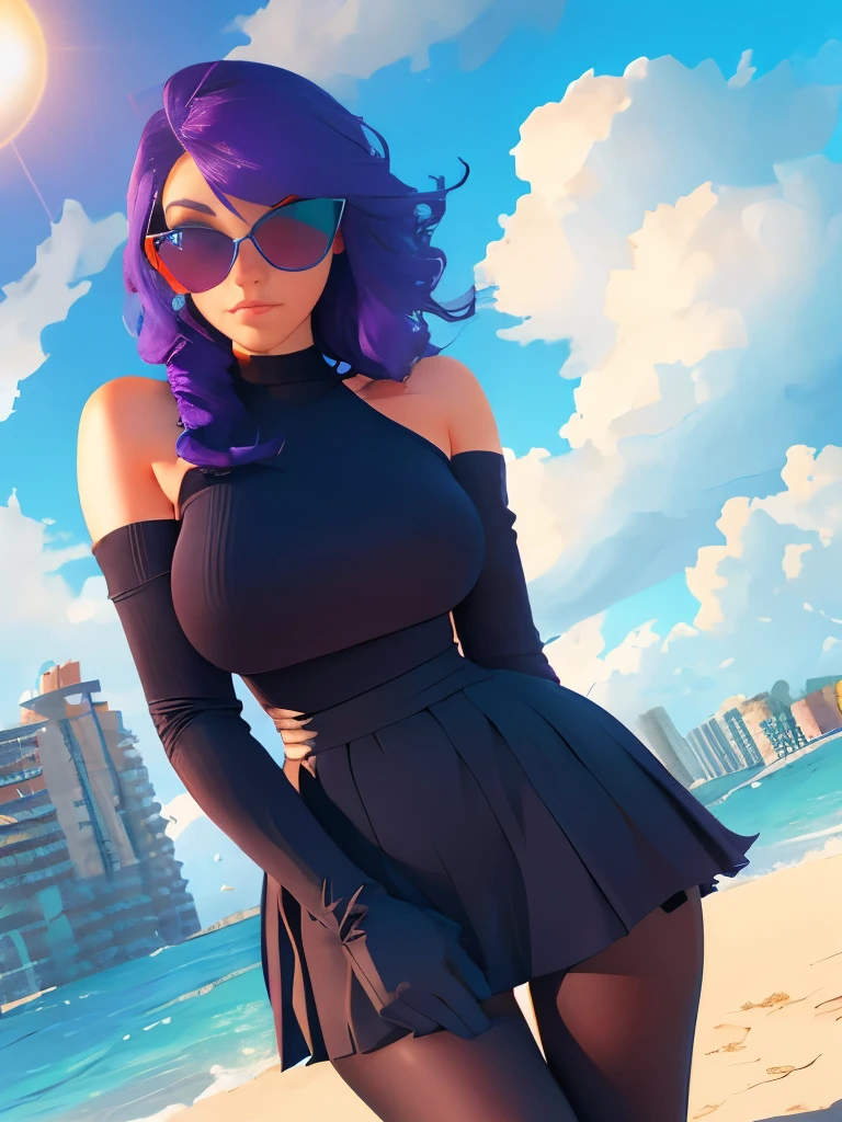 masterpiece, best quality,kfk, 1girl, bangs, bare_shoulders, skirt, breasts, gloves, jewelry, large_breasts, long_hair, long_sleeves, pantyhose, purple_eyes, purple_hair, shirt, solo,viewer,sunglasses,bikini, (sun, cloud,renaissance city around water,outdoors :1.1),rendered in blender((isometric)),