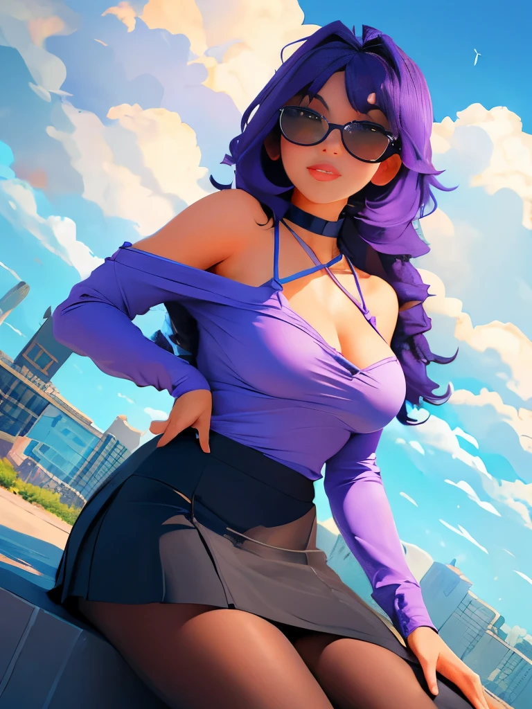 masterpiece, best quality,kfk, 1girl, bangs, bare_shoulders, skirt, breasts, gloves, jewelry, large_breasts, long_hair, long_sleeves, pantyhose, purple_eyes, purple_hair, shirt, solo,viewer,sunglasses,bikini, (sun, cloud,renaissance city around water,outdoors :1.1),rendered in blender((isometric)),