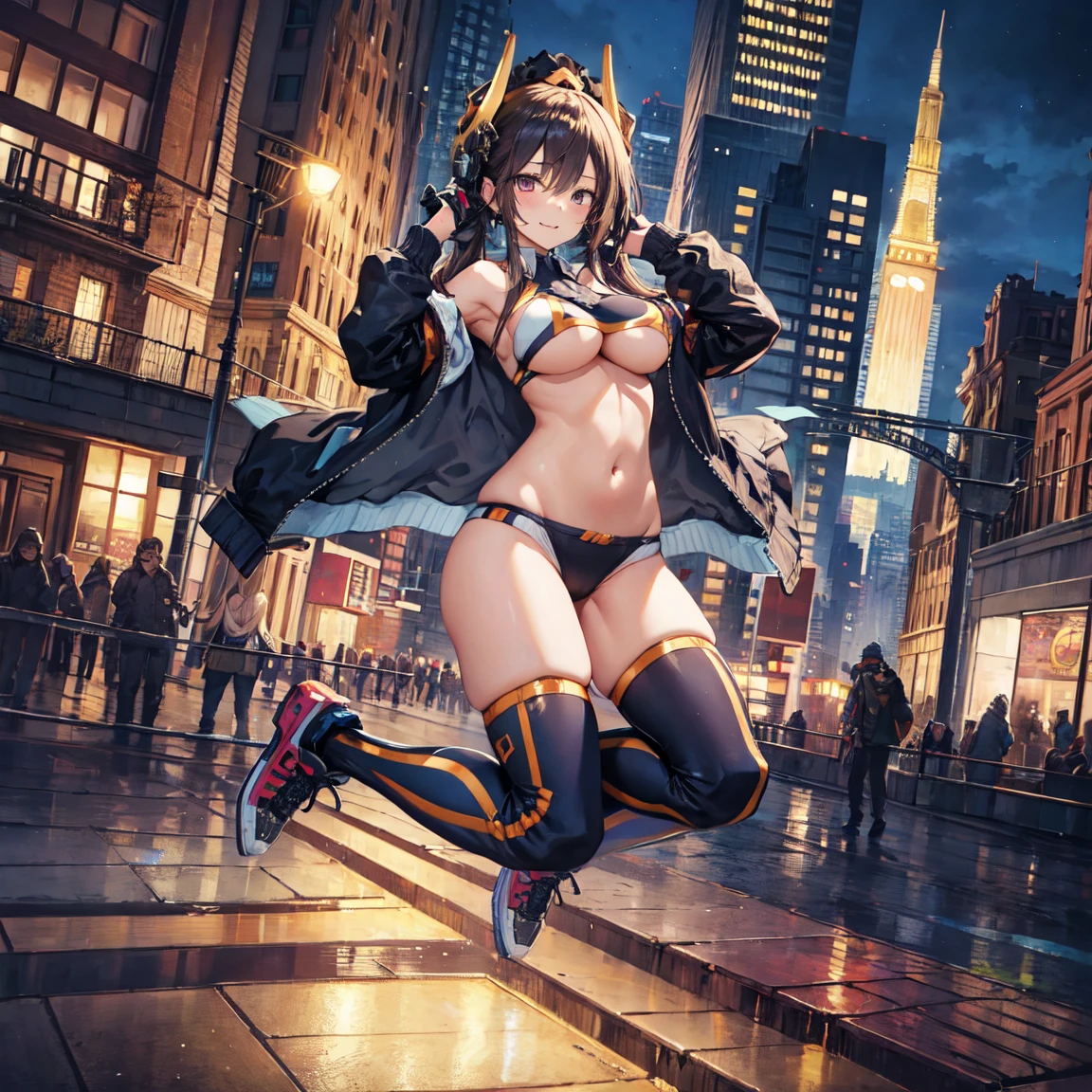 (masterpiece, best quality:1.2), Intricate detailing, ip2, full body, in the air, 1 girl, ((jacket)), ((Jacket over breasts)), ((jumping)), (sexy pose), Headgear, ((bare shoulders)), Twin tails, Elbow gloves, slight smile, mature woman, ((big boobs))