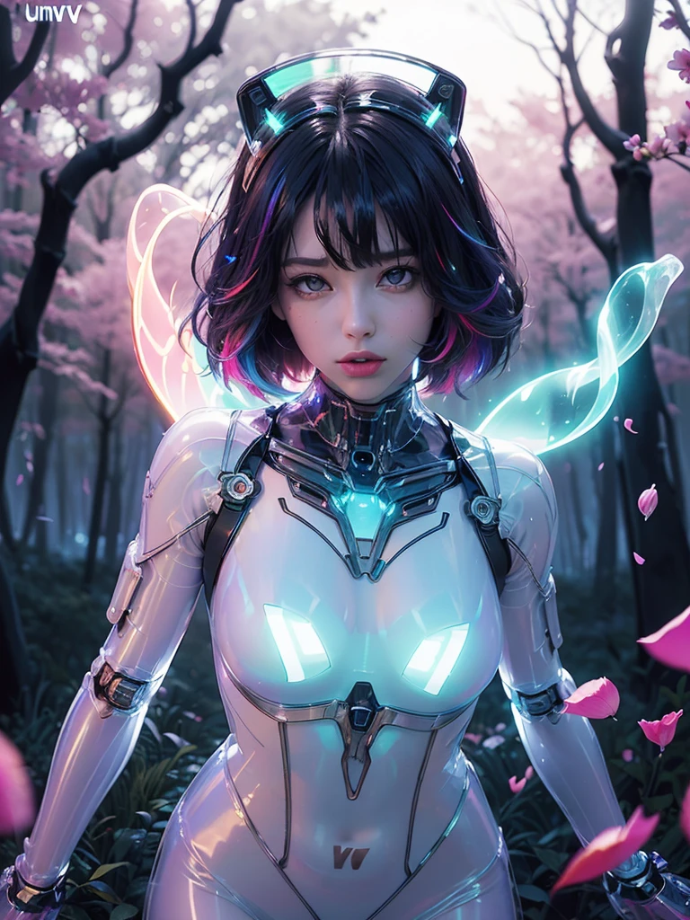 Unbeatable tmasterpiece, ultra real photo , Perfect artwork , Complicated details , Best quality , strong lights , hight contrast , dynamicposes , holland angle , (bblurry, depth of fields, bblurryforeground:1.35) ,1girl , solo , walking , dutch angle , serious , v-shapedeyebrows , mecha , mecha musume ,mechanical parts , mechanical limbs ,mechanical joints , mechanical spine ,headgear , black hair , wavy hair , long hair ,(blunt bangs) , floating hair , purple eyes ,white pupils,( lens flare glow:1.25), (Glowing ambiance, enchanting radiance, luminous lighting, ethereal atmosphere, mesmerizing glow, evocative hues, captivating coloration, dramatic lighting, enchanting aura:1.7),(mechanical_background:1.5),(((mecha tiara))), (transparent PVC luminous bodysuit:1.8), glow, pale skin, colorful neon, long exposure, motion blur, (Glowing ambiance, enchanting radiance, luminous lighting, ethereal atmosphere, mesmerizing glow,colorful aurora , (colorful flower ,Colorful petals , Colored Forest:1.5) ,