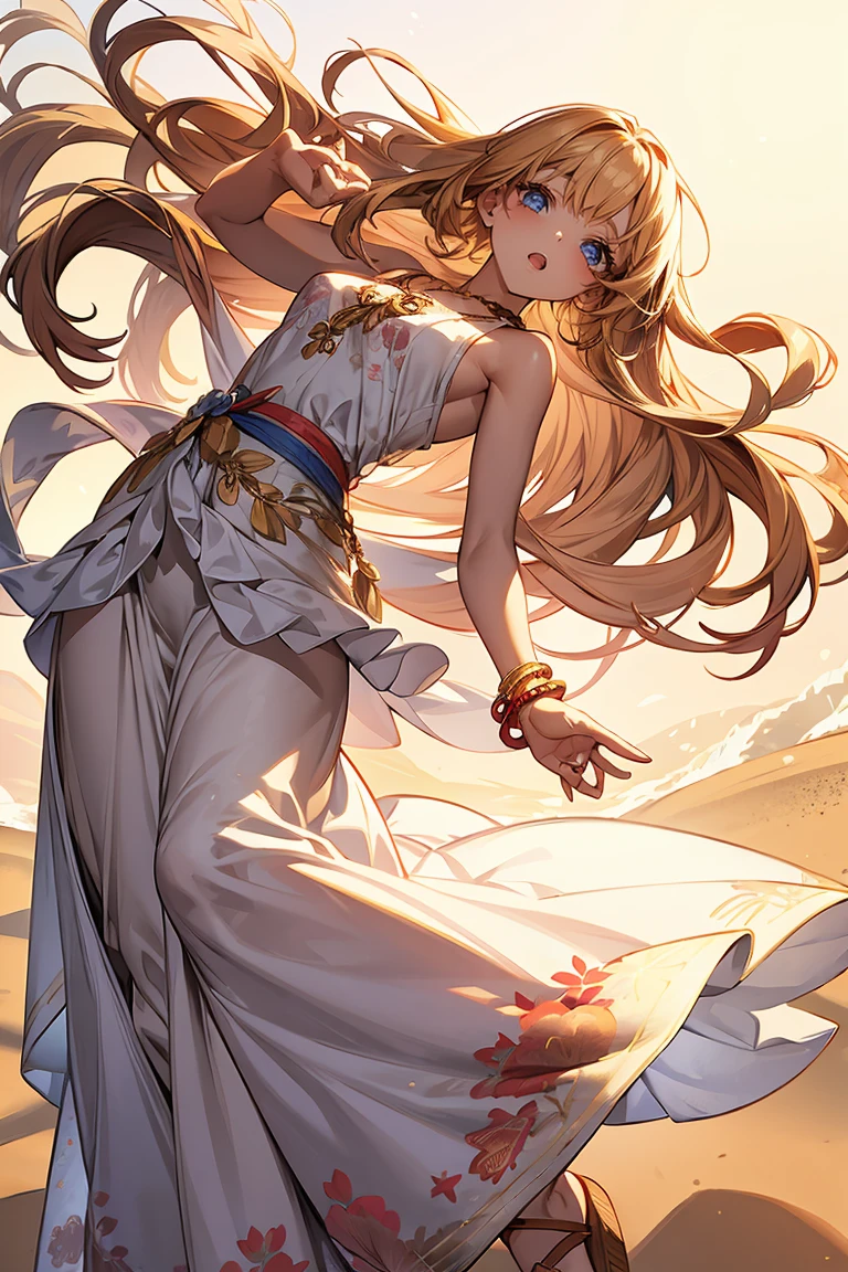A free-spirited woman in her mid-twenties。Height: 170cm、supple figure。Long blonde beach waves、Blue Eyes。Tanned healthy skin。
clothing:
- Floral maxi dress(Red and blue floral pattern on white background)
- Brown leather sandals(flat)
accessories:
- Large round sunglasses- Multi-layered gold necklace- Colorful embroidered crossbody bag- Anklet、Multiple ring makeup:
- Natural Makeup、Sunkist Skin Background:
Sandy Beach、Soft light at dusk