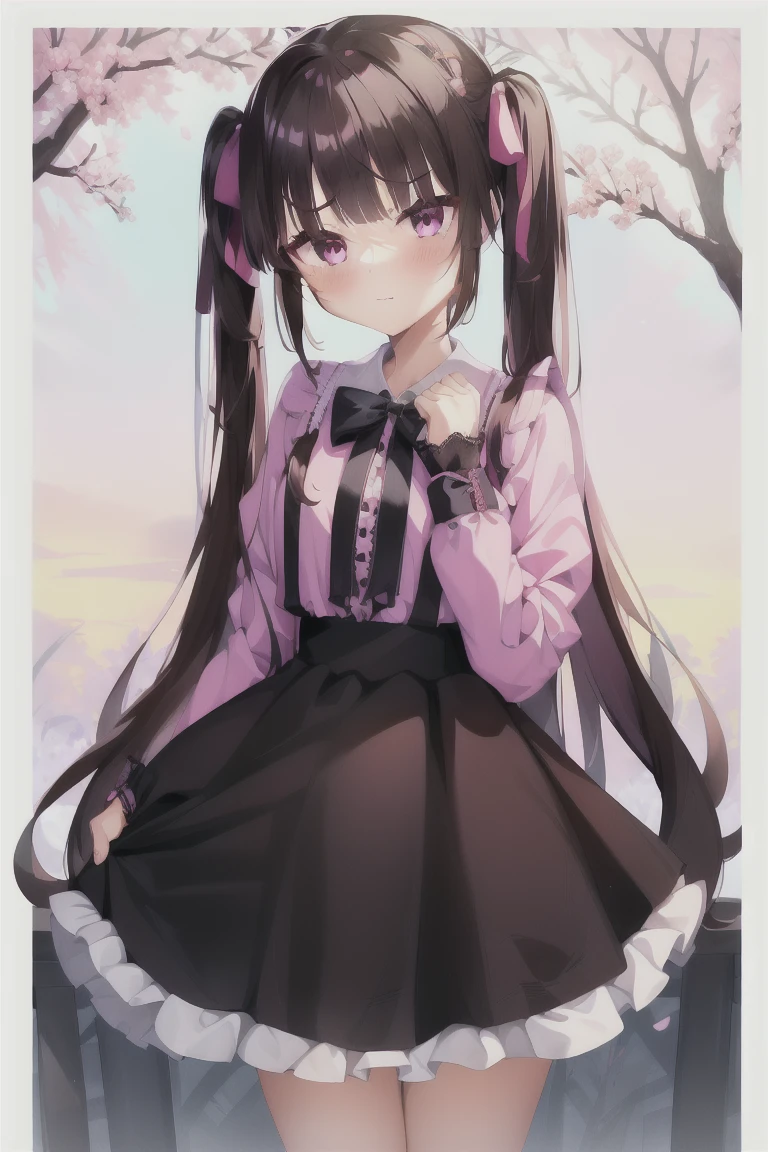 1girl,独奏,long_hair,blush,bangs,skirt,shirt,black_hair,long_sleeves,bow,very_long_hair,purple_eyes,hair_bow,frills,puffy_sleeves,collared_shirt,black_skirt,bag,two_Side_up,v-shaped_eyebrows,dress_shirt,black_bow,depth_of_field,lace_trim,puffy_long_sleeves,pink_shirt,emphasis_lines,jiraikei_fashion,Character portrait, whole body, expensive_solve, clear_image, expensive_Contrast, 8k, Sparkling, beautiful_detailed_face_and_eye, (Brown Hair:1.25), 白 eye,Black background,full body, Character portrait, whole body, expensive_solve, clear_image, expensive_Contrast, 8k, Sparkling, beautiful_detailed_face_and_eye, (Black Hair:1.25), 白 eye