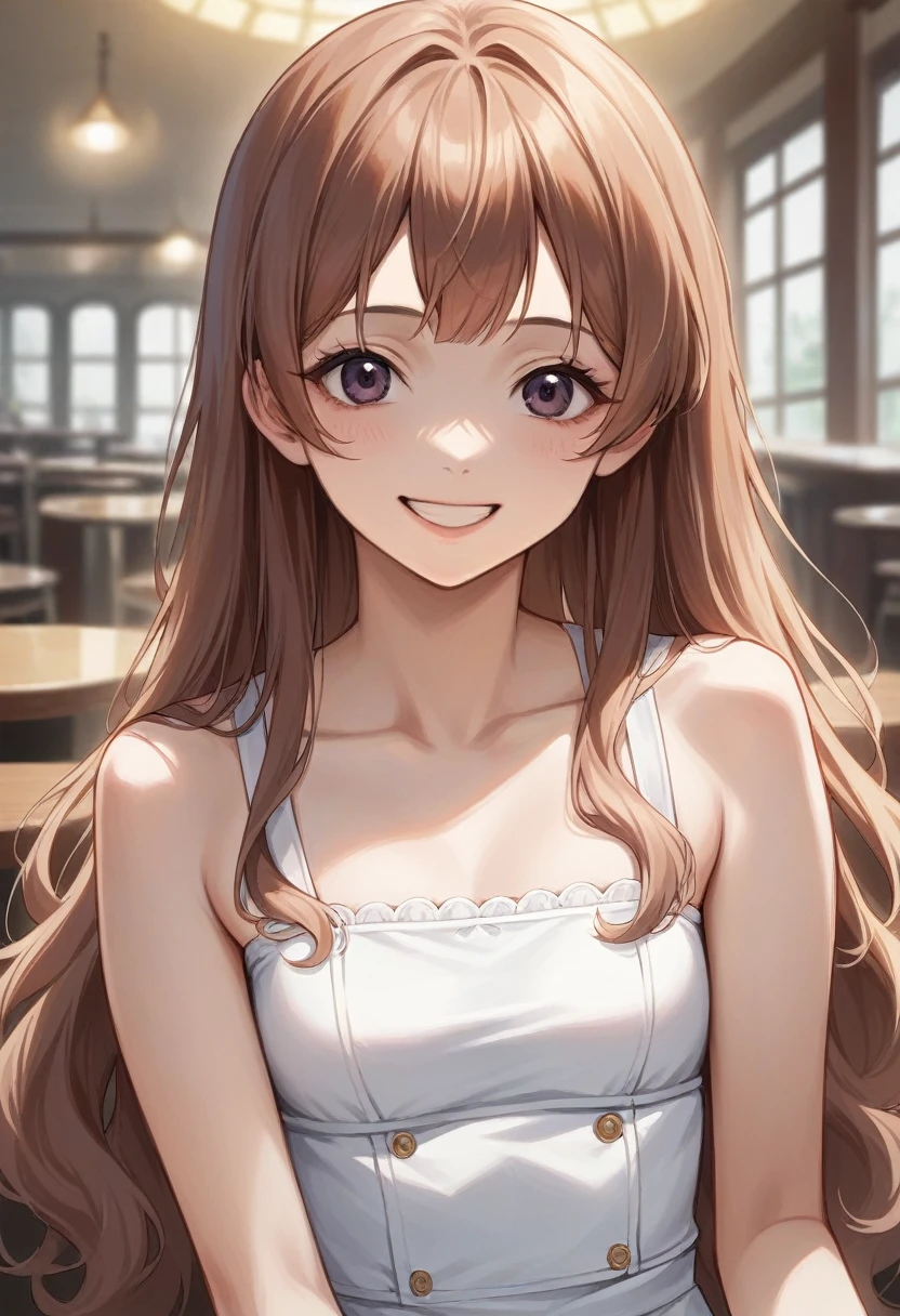 (inside a fashionable girls bar), close-up portrait of a woman wearing a white tight dress, Japan model, young sensual gravure idol, young cute gravure idol, realistic young gravure idol, realistic sensual gravure idol, young gravure idol, sophisticated gravure idol, young skinny gravure idol, beautiful asian girl, Very happy expression, (long brown hair), ((smile))