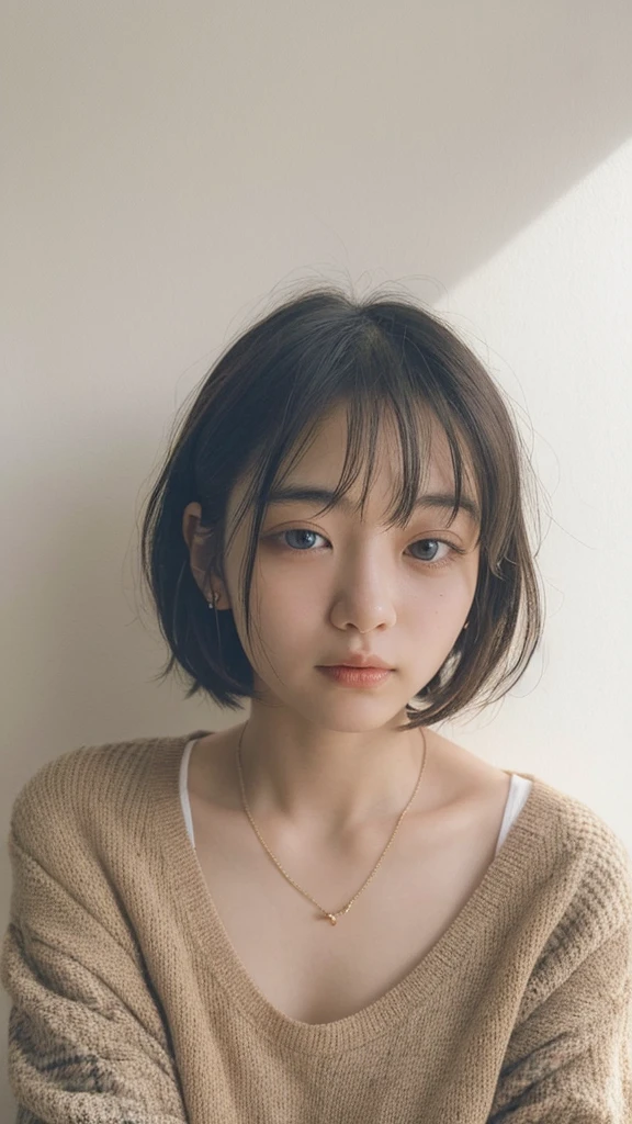 (very realistic photo, concentrated、High resolution, detailed face, fine eyes), ((Taken in front of a white wall))、japanese woman, 20-year-old, various expressions, Upper body、alone:1, slim body shape, various hairstyles,Sheer black long sleeve top、Only one person is in the photo、Photographed in natural light、simple necklace、bob hair、shortcut、looking at the camera