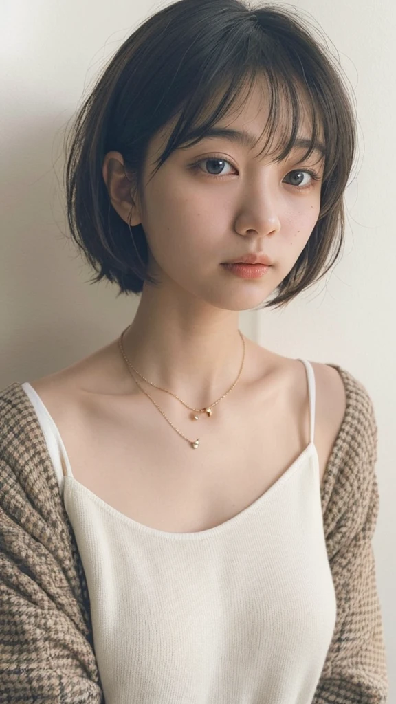 (very realistic photo, concentrated、High resolution, detailed face, fine eyes), ((Taken in front of a white wall))、japanese woman, 20-year-old, various expressions, Upper body、alone:1, slim body shape, various hairstyles,Sheer black long sleeve top、Only one person is in the photo、Photographed in natural light、simple necklace、bob hair、shortcut、looking at the camera