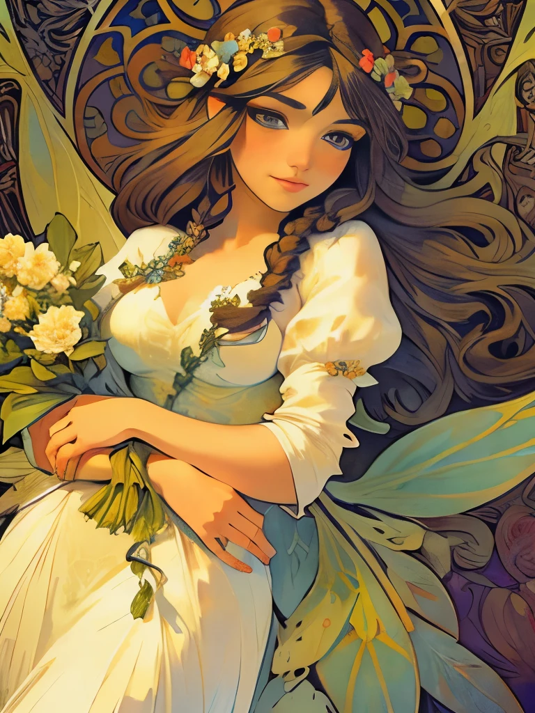 An ultrafine detailed watercolor painting of a gorgeous woman with flowers in her hair, in the style of Alphonse Maria Mucha and Gustav Kilmt, art nouveau accents, fairy princess, anthropomorphic female, female figure, detailed cover artwork, as the goddess of the flowers, Alphonse Mucha, Gustav Klimt, pale bluish skin, a marble sculpture, cgsociety, gothic art, art nouveau, behance contest winner