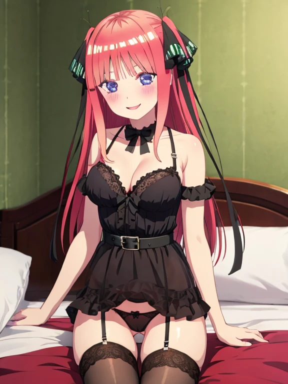 best quality, insanely detailed, nino nakano, breasts, blush, bed room background, bare-shoulder, a ribbon, stockings, pussy, smile, black lingerie garterbelt, cheerful eye