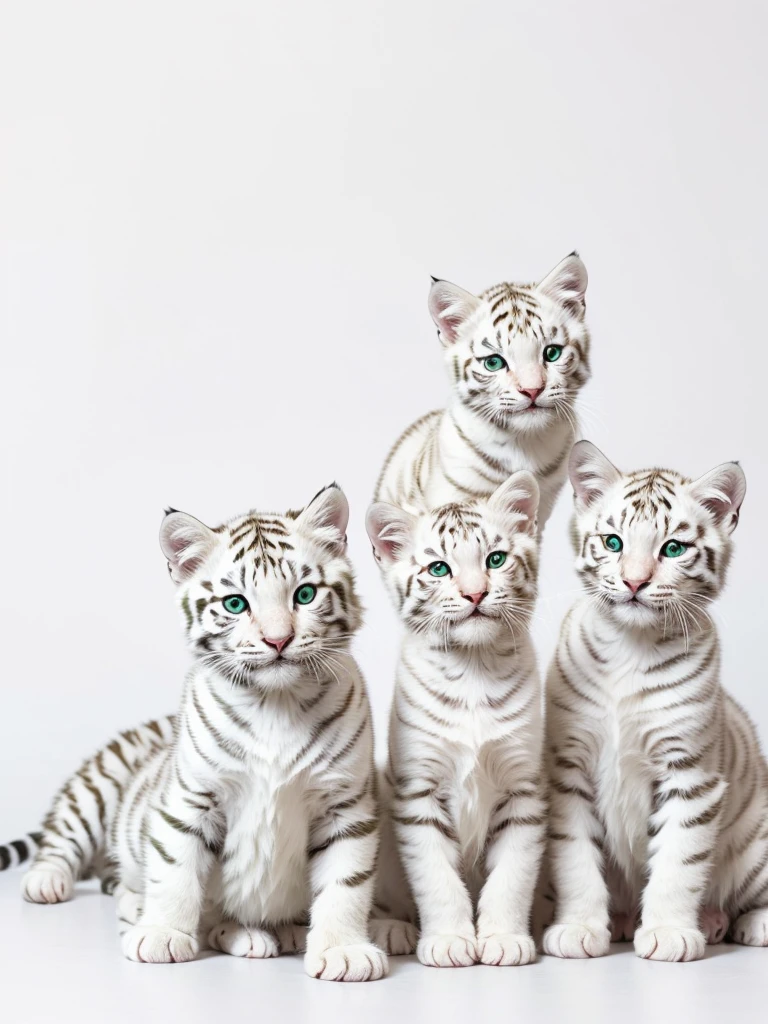 Green and white kittens on very white white background, White Tiger