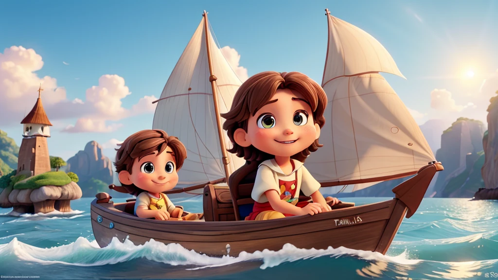 1 boy and 1 girl brown hair setting sail on a small boat with sail, To the sea, ilustrativo de Disney, (Best Quality, 4k, 8k,High resolution,masterpiece:1.2) colors, fantasy elements, magic, colors, Sun rays, gentle breeze. Gran composición con gran detalle y colors, Retailer, cheered up, Disney. Waves, happy smiling, details on face big eyes