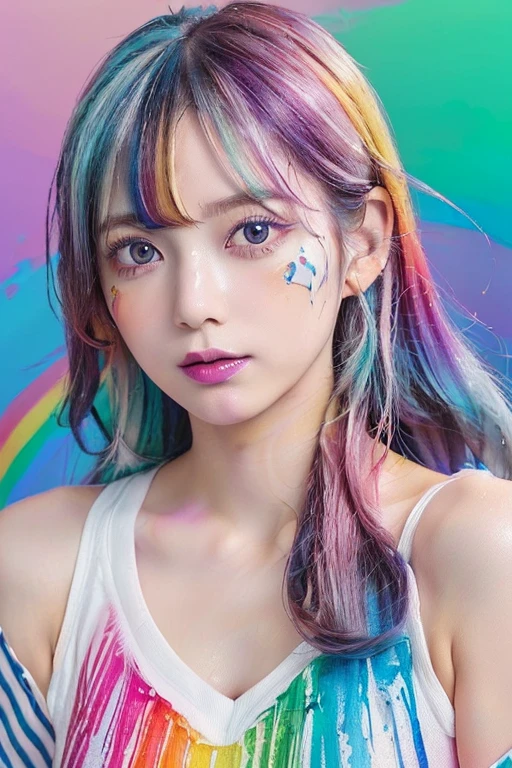 （Pink Fashion T-Shirt：1.9），(colorfulな髪: 1.8), (All the colors of the rainbow: 1.8),(((((vertical painting：1.6))), （painting：1.6），front, comics, figures, paintings, Big eyes, Clear eyes,（ Rainbow gradient high ponytail：1.7）, Exquisite makeup, Mouth closed,(Small Fresh: 1.5),(Wipe the chest: 1.6) ，Long eyelashes, White off-the-shoulder T-shirt,  White shoulder shirt，Looking at the audience, Big teary eyes, (Rainbow Hair：1.6), カラーsplash, （alone：1.8）, カラーsplash, An explosion of colors, thick paint style, Messy Lines, ((The Shining))，(colorful), (colorful), (colorful), colorful, Thick paint Style, (splash) (Color splash), Vertical painting, Upper Body, paint splash, Acrylic Pigments, Slope, paint, Best image quality, highest quality, masterpiece, alone, Depth of written boundary, Face paint,  colorful clothes, (elegant: 1.2), nice,Long Hair, Wind, (elegant: 1.3), (petal: 1.4)，(((masterpiece))),(((highest quality))),((Very detailed)),(figure),(Dynamic Angle),((floating)),(paint),((Disheveled Hair)),(alone),(One girl) , (((Detailed anima face))),((Beautifully detailed face)),collar,Exposing shoulders,Gray Hair, ((colorful hair)),((Striped Hair)),Beautiful fine details,(Slope color eyes),(((colorful eyes))),(((colorful background))),(((High saturation))),(((surrounded by colorful splashes))),
