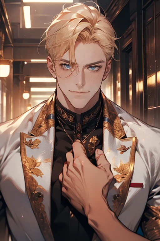 (tmasterpiece, high resolution, ultra - detailed:1.0), (1 boy, Young male, masculine face), Perfect male body, tall and strong, Adult male, Delicate eyes and delicate face, Extremely detailed CG, Unity 8k wallpaper, Complicated details, Detailed face, (blond hair, messy hair, serious faces, white shirts,Bad students), (frown,evil smile:1.3), stad in school corridor, street style, color difference, Depth of field, dramatic shadow, Ray tracing, Best quality, Cinematic lighting, offcial art,Portrait
